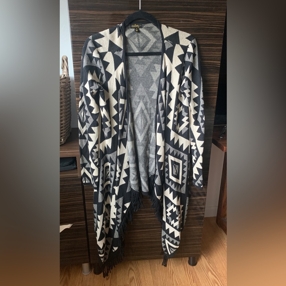 Black boho aztec Audrey 3+1 designer sweater cardigan long fringe MOM1 cream - Picture 4 of 8